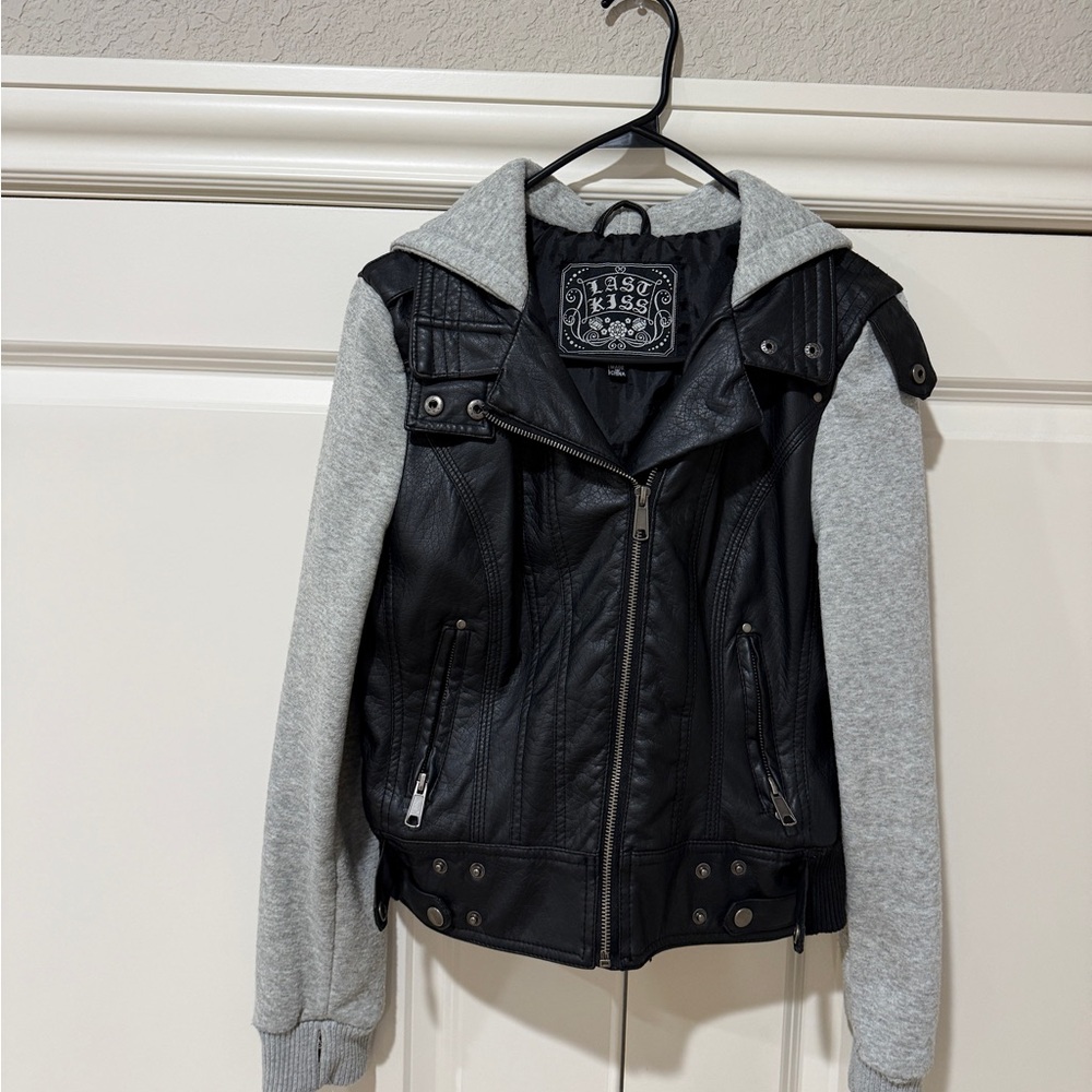 Last Kiss faux leather moto jacket with grey sweatshirt sleeves